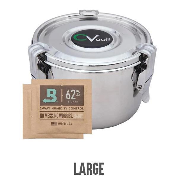 The CVault Humidity Control Airtight Metal Smell Proof Container by CVault is shown with a 62% humidity control packet, ensuring airtight and optimal freshness storage. Choose your size for best results.